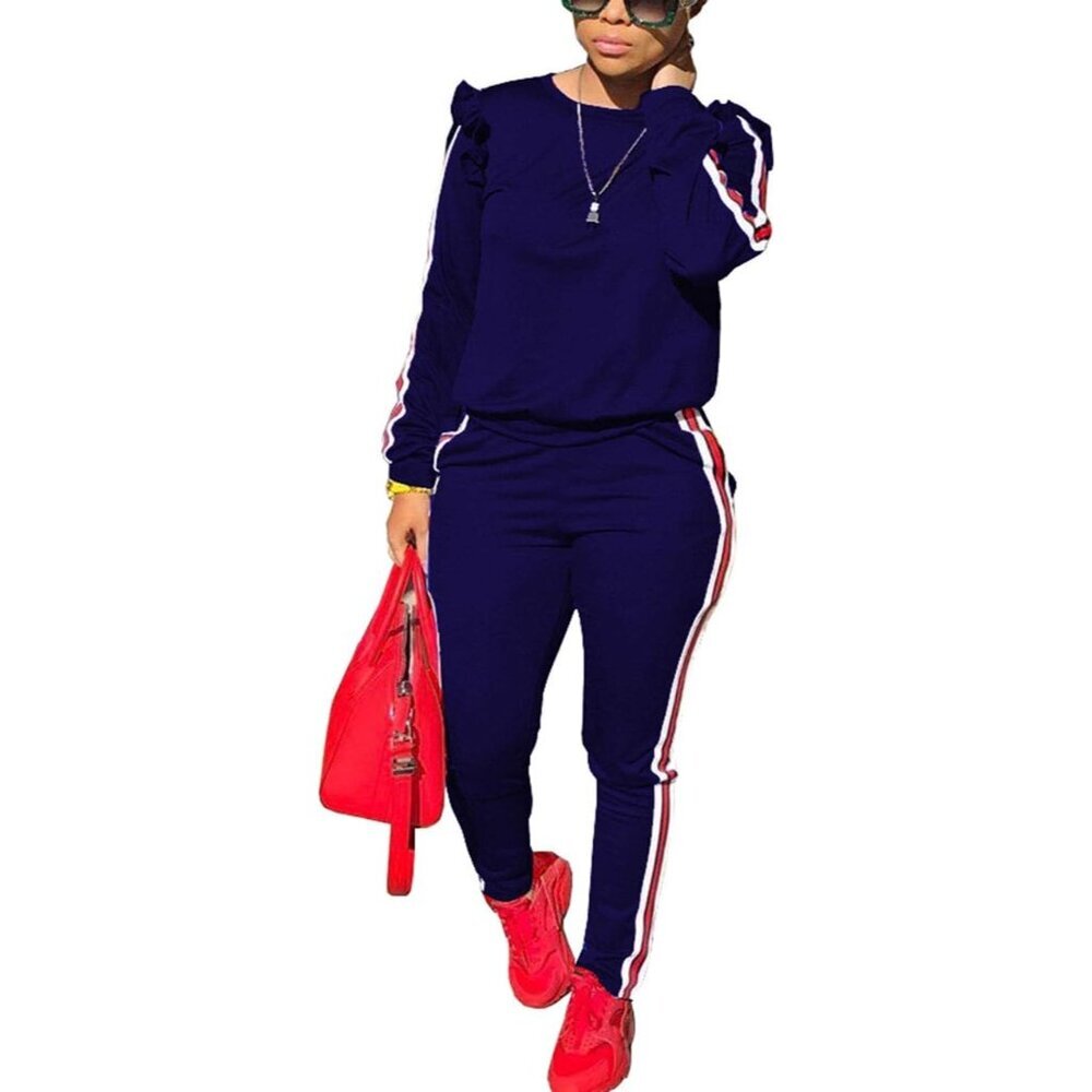 Stylish Blue Ruffle Sleeve Sweatshirt and Joggers Set - XX-Large Women's Outfit